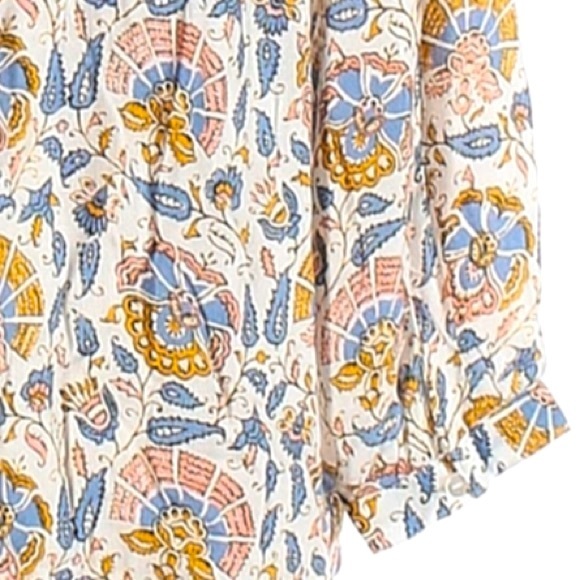 Lucky Brand size SP blouse blue & ivory BOHO 3/4 sleeves w keyhole & tassel ties - Picture 10 of 15